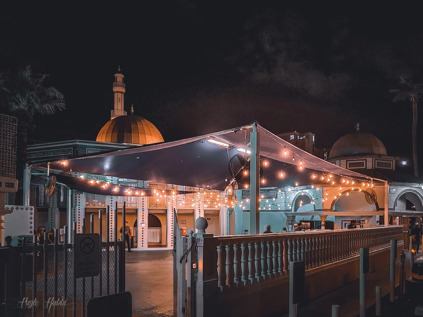 Night scene of a building with a dome and string lights