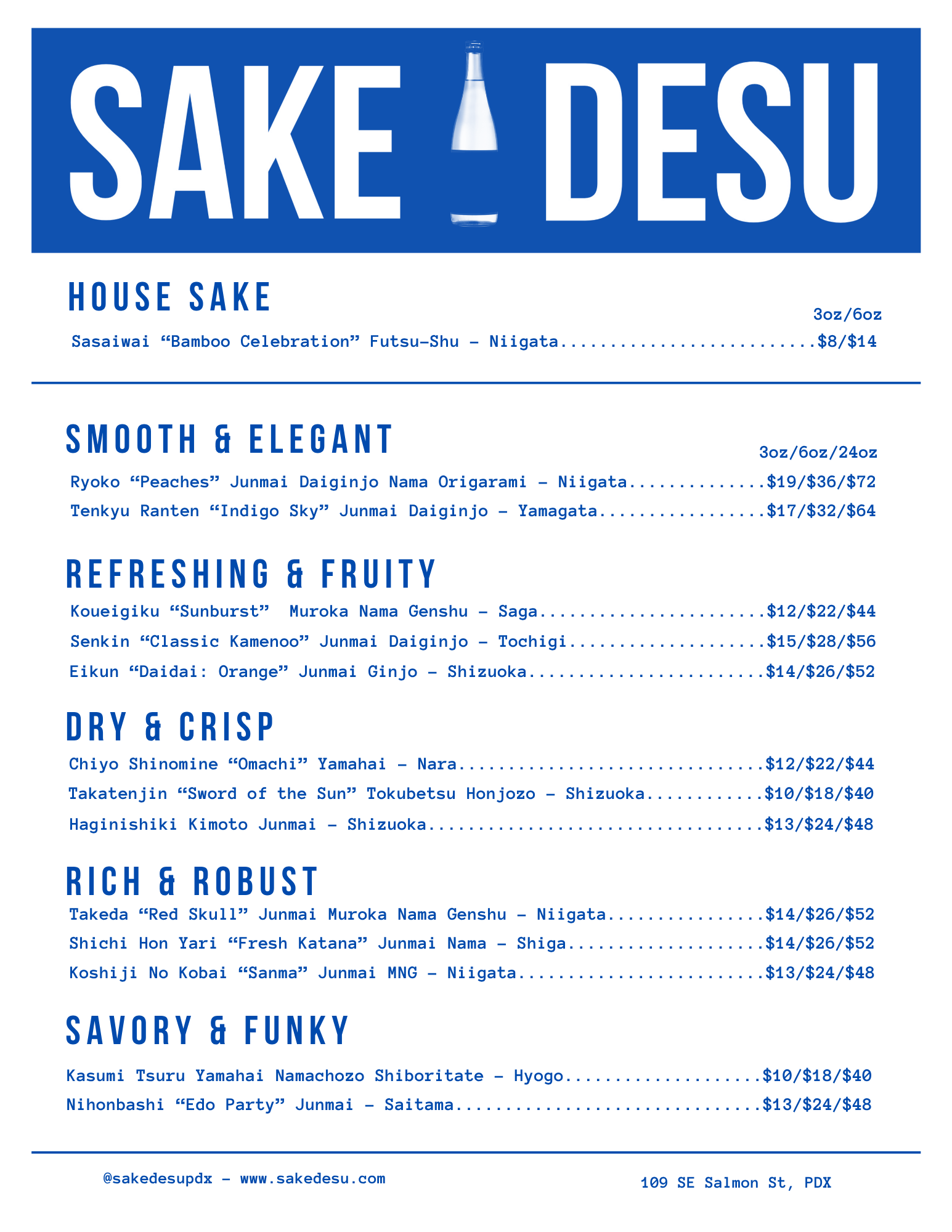 A menu listing various types of sake, including house sake, smooth and elegant sake, dry and crisp sake, rich and robust sake, and savory and funky sake. Each section includes the names of specific sake brands, their origin, and prices for different sizes. The menu has a blue and white color scheme, with the restaurant's contact information and website at the bottom.