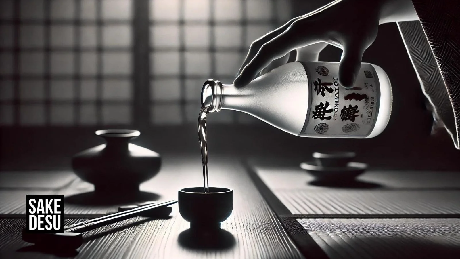 Snowy scene with a Japanese house and sake bottle, showcasing winter