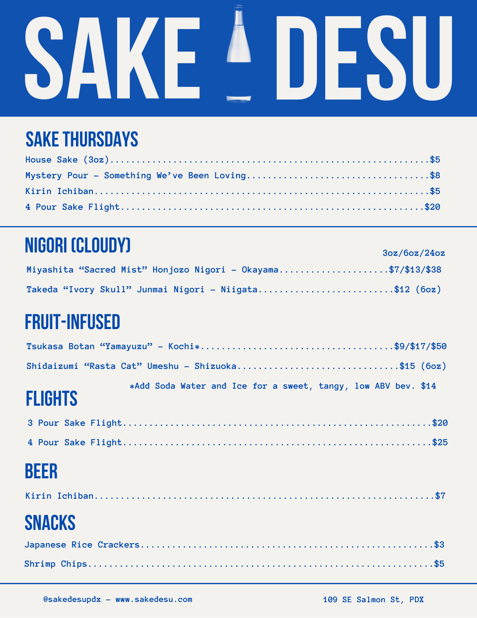 Menu for a sushi bar called Sake Desu featuring sake options, nigiri sushi, fruit-infused drinks, flights, beer, and snacks. The menu includes specific items, prices, and descriptions.