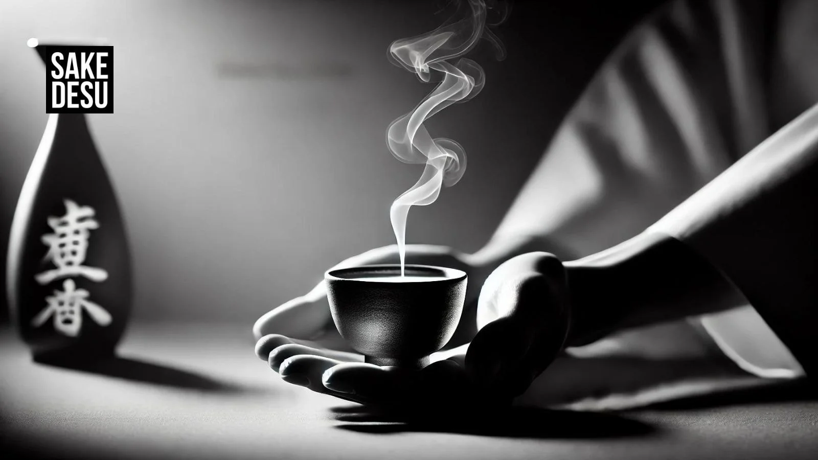 A hand holding a steaming cup of sake with a bottle in the background