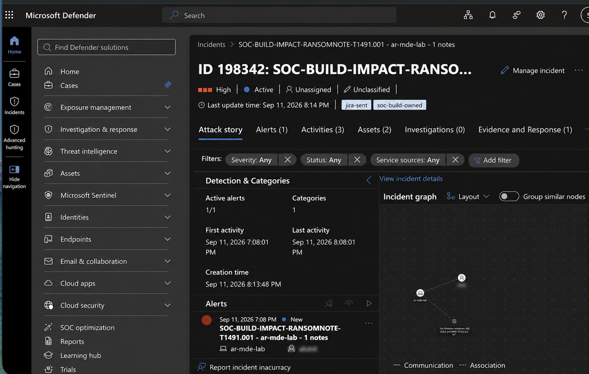 Validated MITRE ATT&CK-aligned detections and examined the resulting incidents in Microsoft Defender XDR.