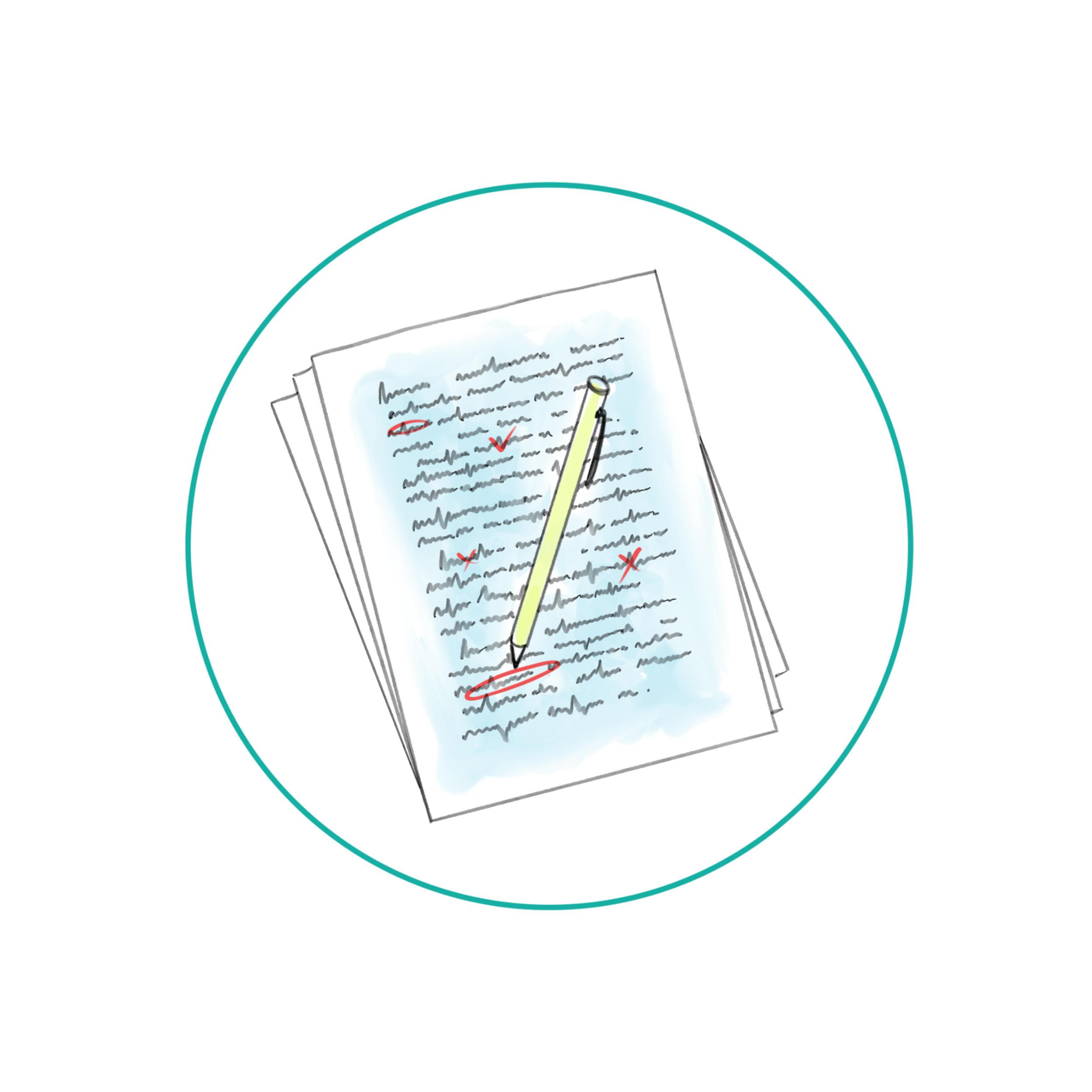 Watercolor illustration of manuscript pages marked with a pencil