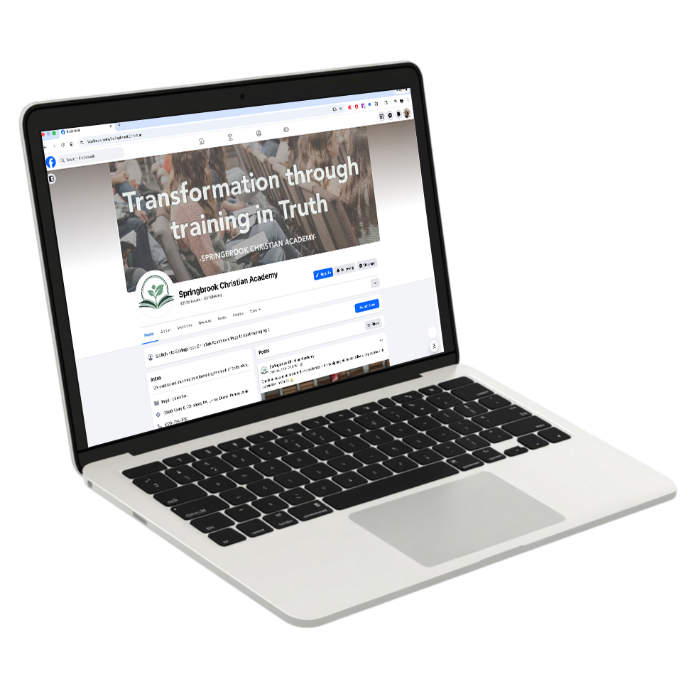 Laptop displaying a Facebook page for Springbrook Christian Academy with a banner that says 'Transformation through training in Truth'.