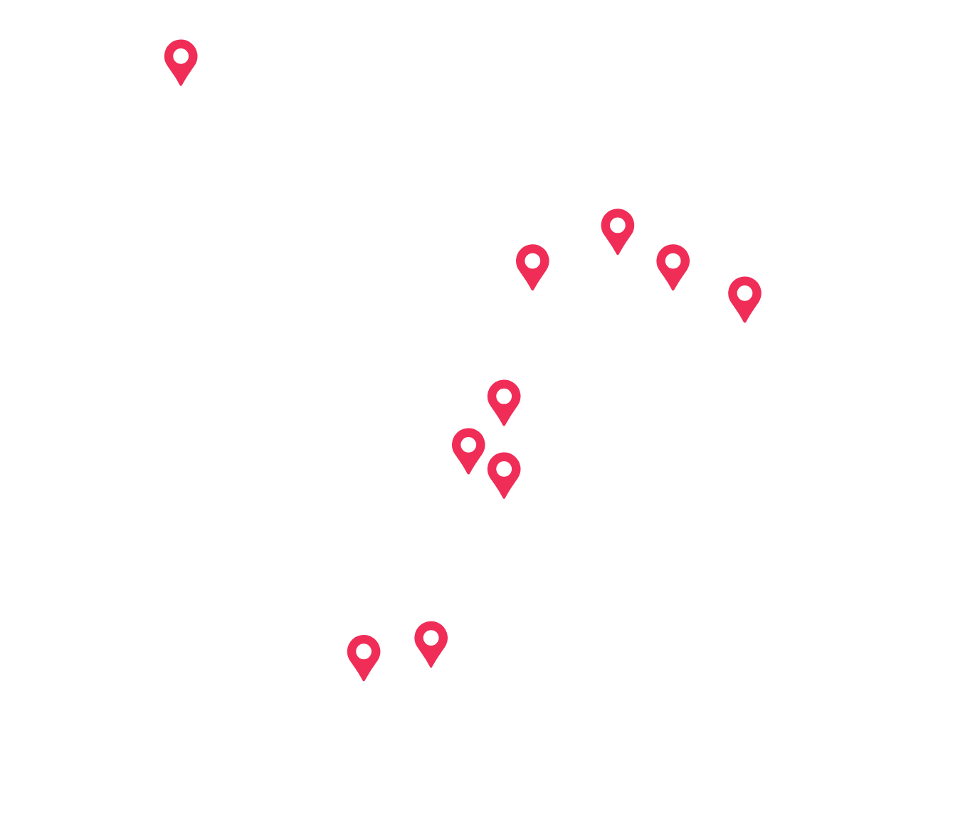 Outline of the United States with multiple location markers across various states.