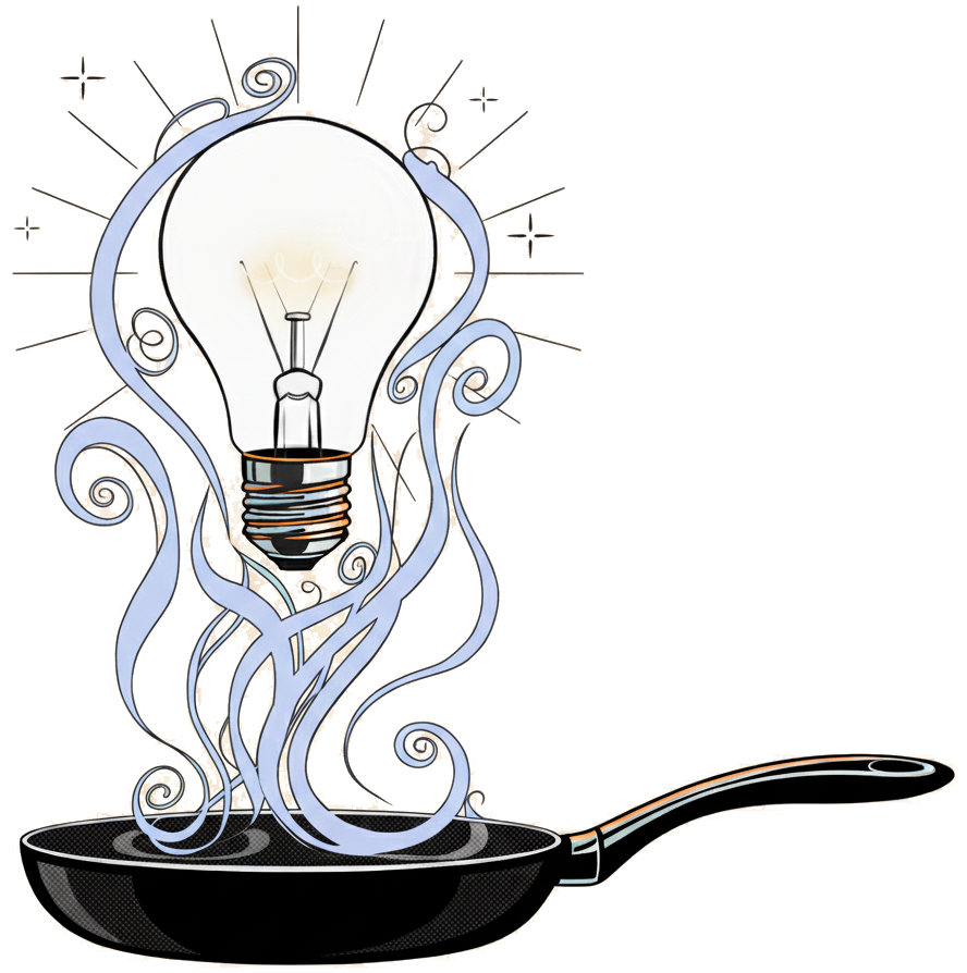 Illustration of a light bulb with swirling steam or smoke rising from a frying pan, symbolizing an idea or creativity.