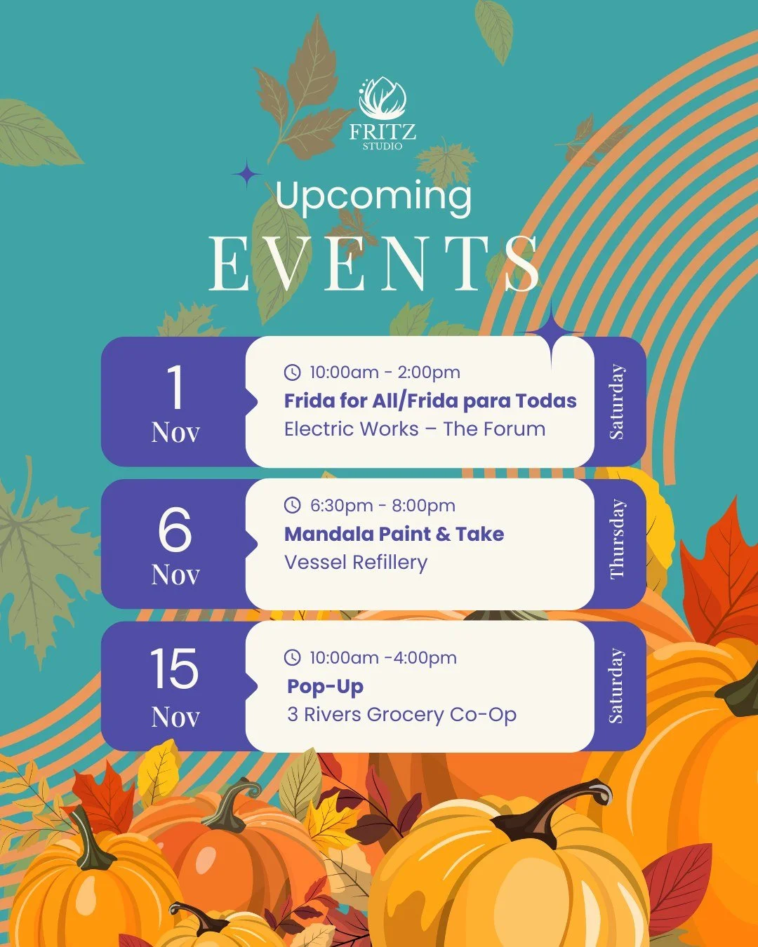 🍁 November is filled with art, community, and calm.
From mindful mandalas to festive markets, I&rsquo;ll be popping up throughout the Midwest &mdash; and I&rsquo;d love to see you!

✨ Here&rsquo;s where you can find Fritz Studio this month:
📅 Nov 1