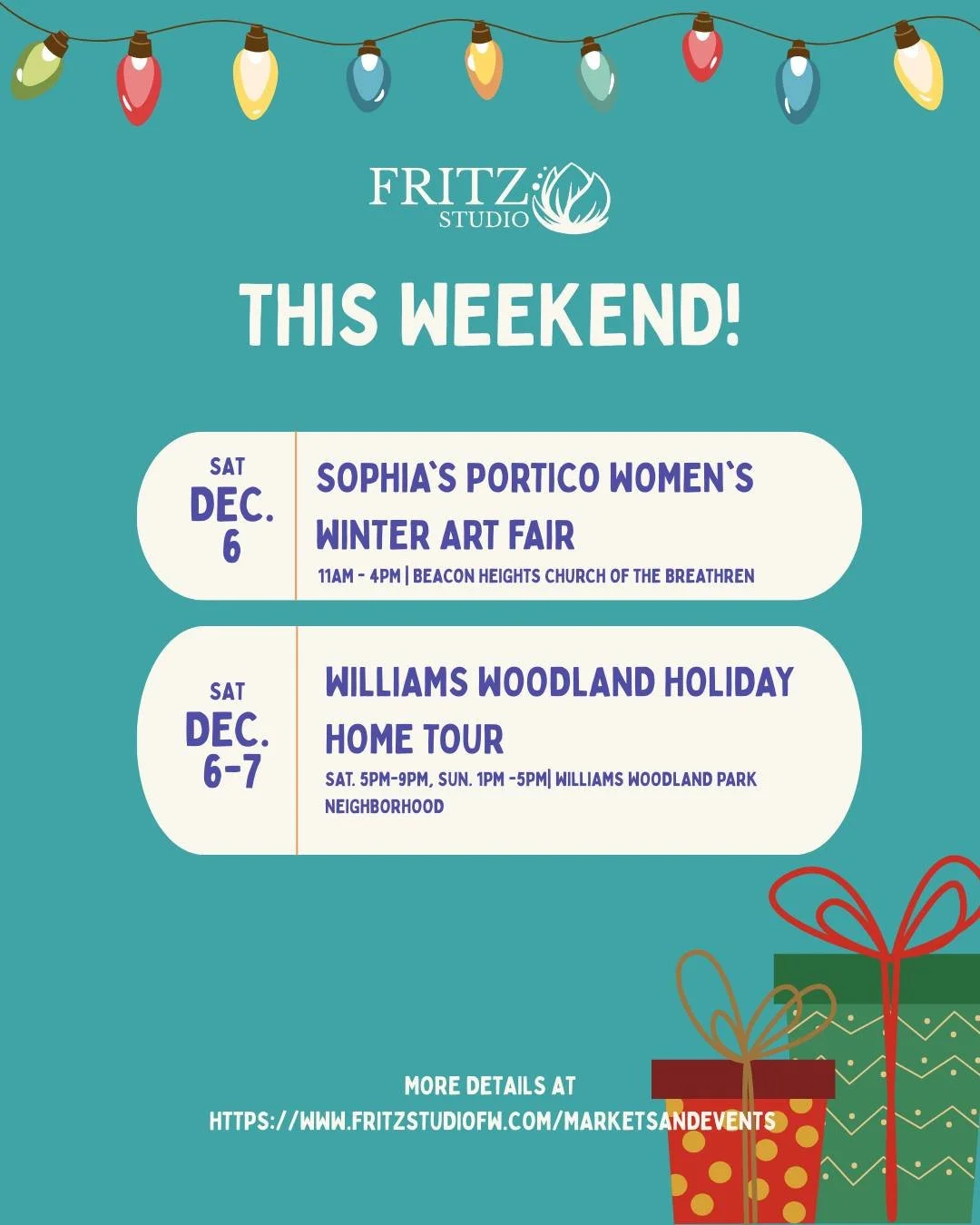 🎄✨ This Weekend with Fritz Studio ✨🎄

🛍️ Sophia&rsquo;s Portico
📅 Saturday, Dec 6
⏰ 11 AM &ndash; 4 PM

🏡 @williamswoodlandpark  Holiday Home Tour
📅 Saturday, Dec 6 | 5&ndash;9 PM
📅 Sunday, Dec 7 | 1&ndash;5 PM
📍 Find me at 2318 Webster Stree