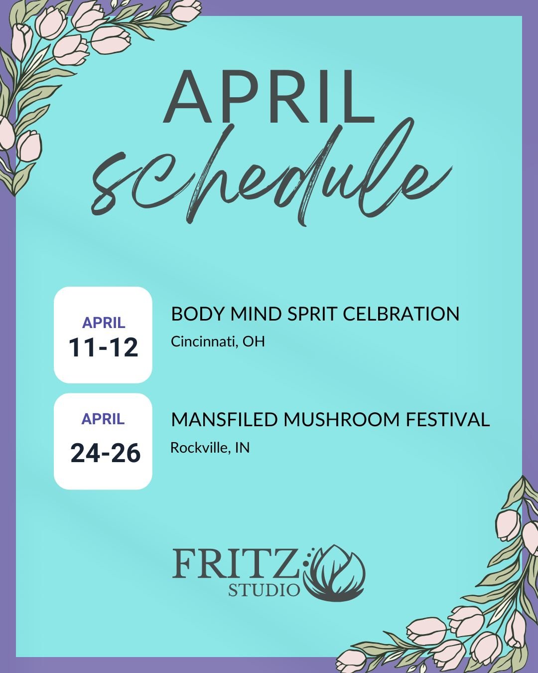 April is shaping up to be a fun month on the road! 🌿

Come say hello, see the work in person, and find something that speaks to you.

April 11&ndash;12
✨ Body Mind Spirit Celebration &mdash; Cincinnati, OH

April 24&ndash;26
🍄 Mansfield Mushroom Fe