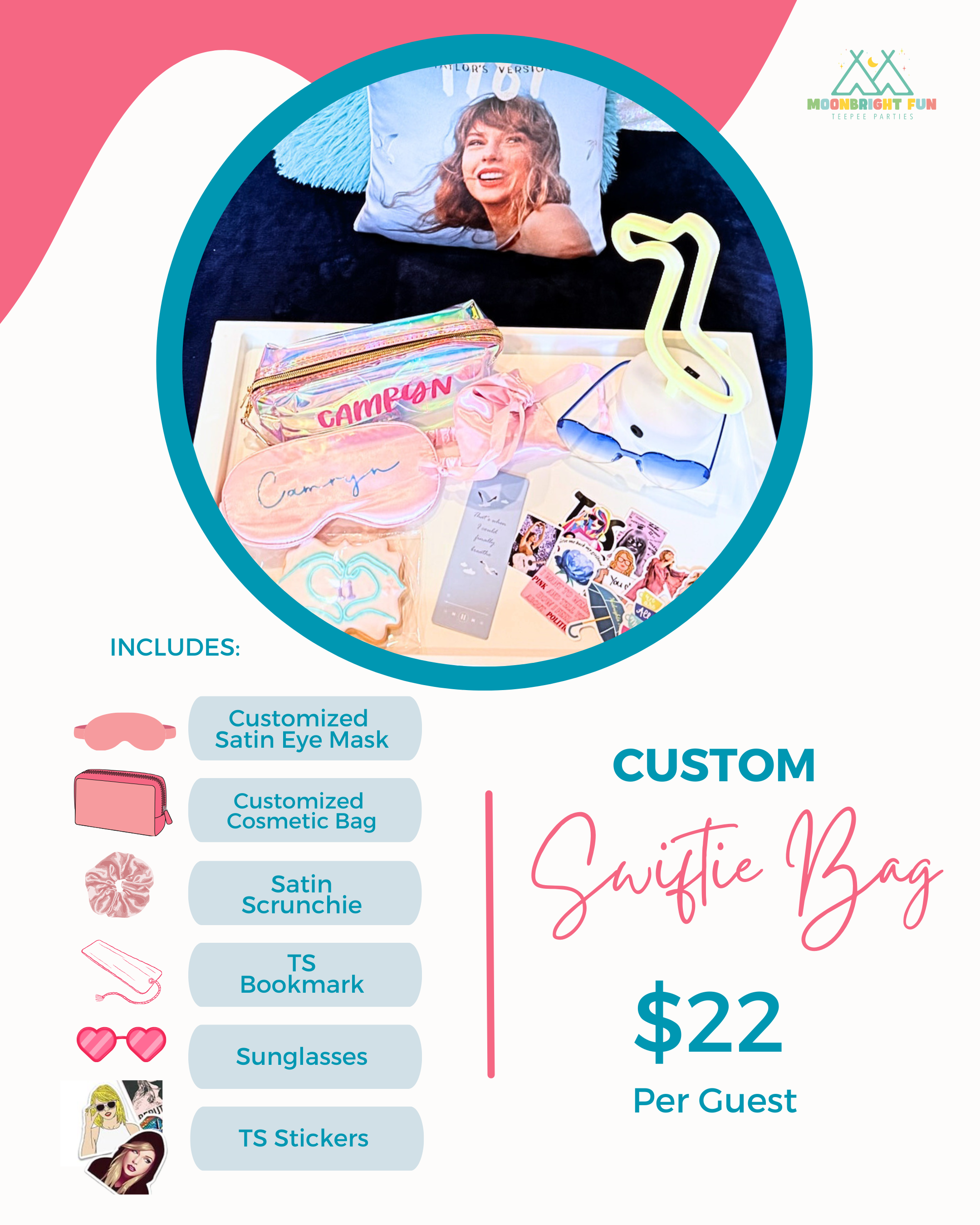 Flat lay of a tealight at a tealight party with a pillow featuring a woman’s face, a neon flamingo lamp, and various pink novelty items including an eye mask, cosmetic bag, scrunchie, bookmark, sunglasses, and stickers.