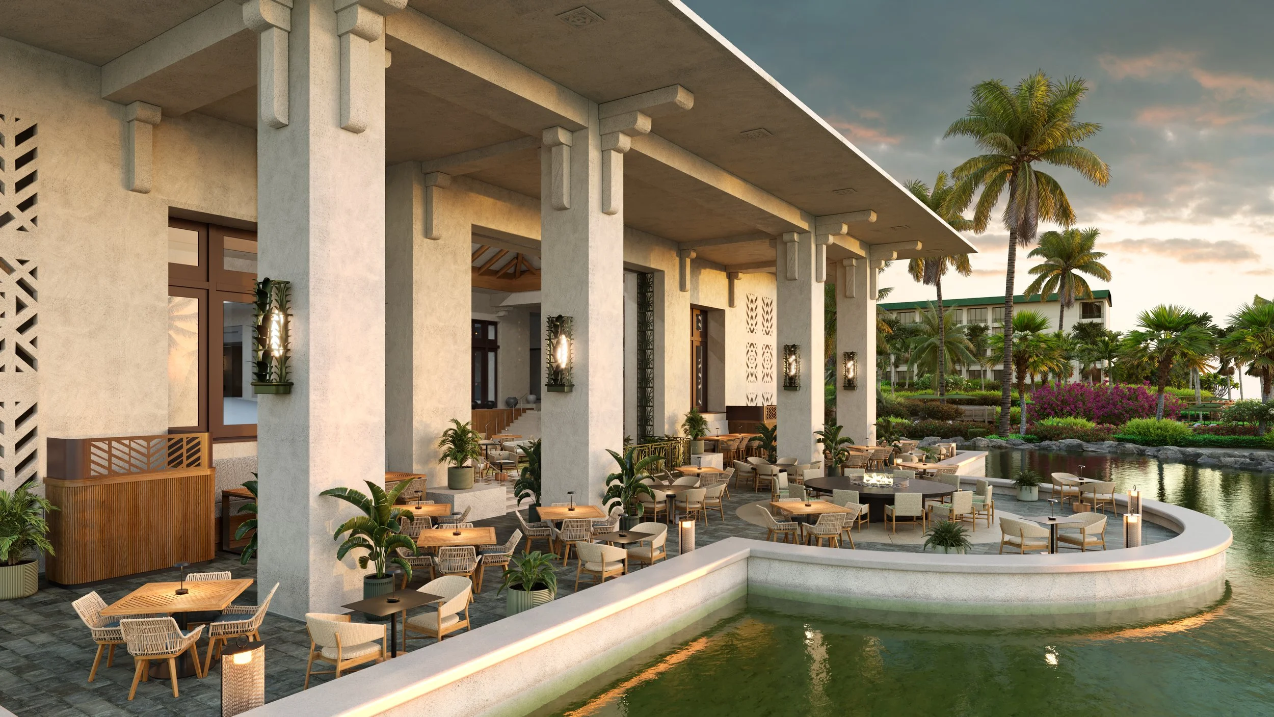 Exterior refresh including custom oversized fire dining table