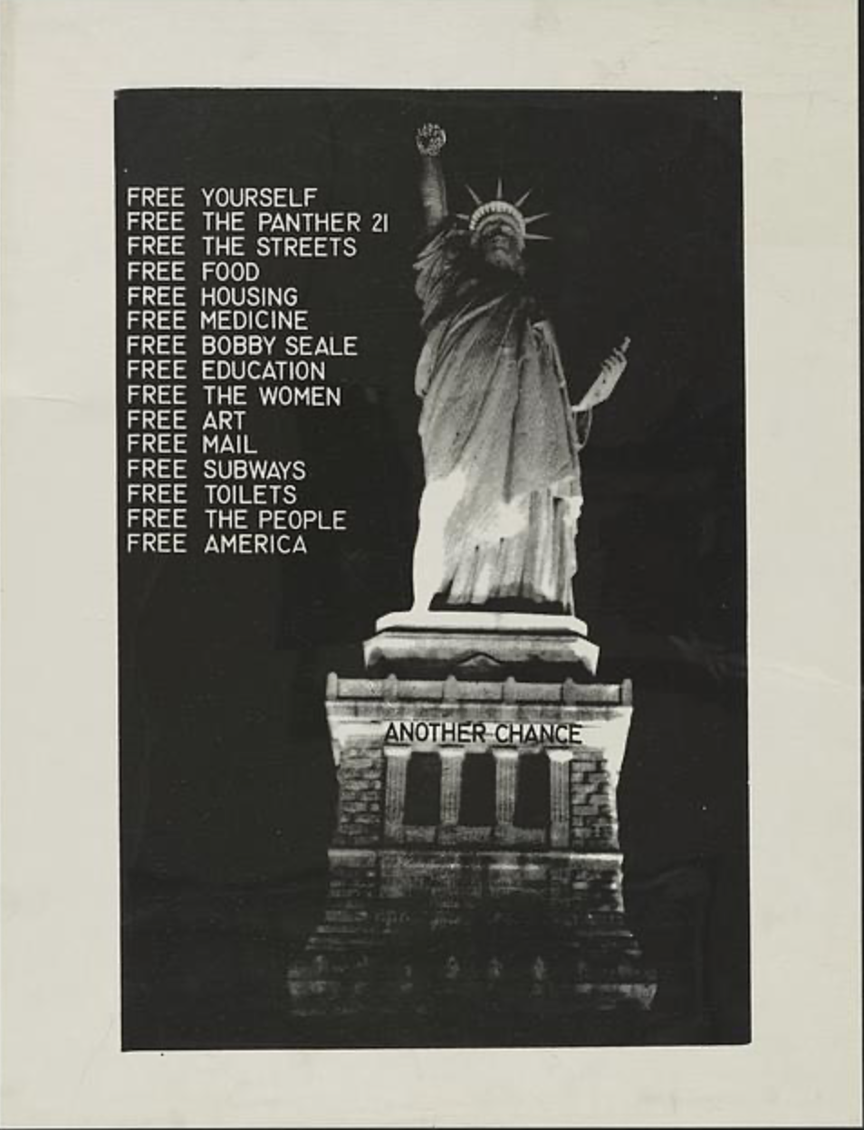 Poster featuring the Statue of Liberty alongside text calling for the liberation of the Panther 21 and broader demands for free food, housing, medicine, and education. Created between 1965 and 1980. Library of Congress Prints and Photographs Division