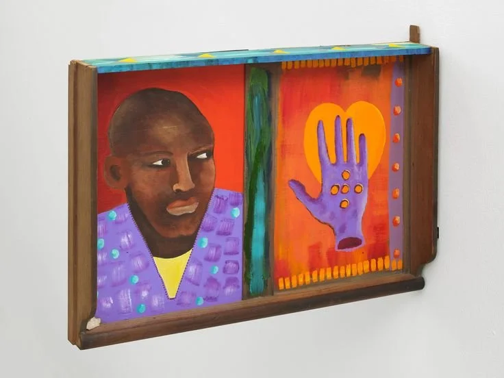 Himid, Lubaina. (2025). Man in a Magic Drawer [Charcoal and acrylic on found wood]. Hollybush Gardens, Clerkenwell, London, United Kingdom.