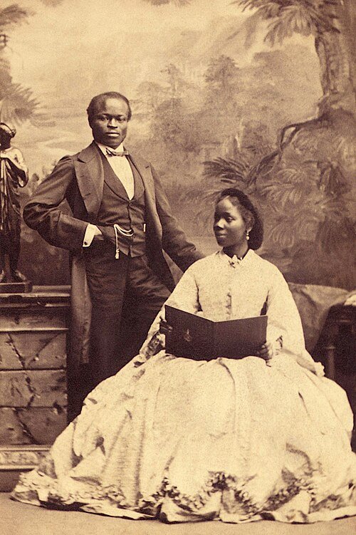 A portrait of James Pinson Labulo Davies and Sarah Forbes Bonetta, photographed in London in 1862 by Camille Silvy.