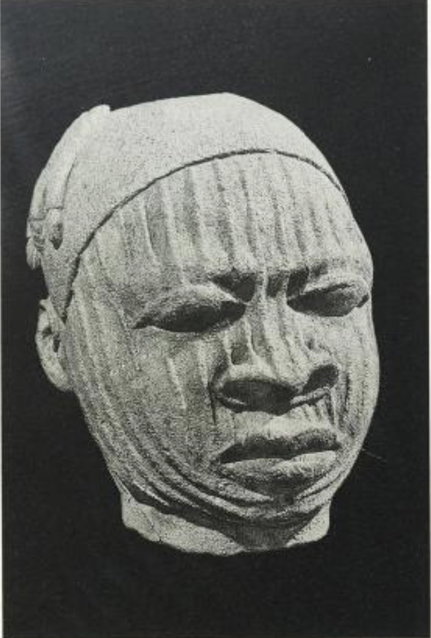 Terracotta head of a man with widely spaces, raised weals instead of the usual incised lines. P.58. from Two thousand years, Nigerian art (1977).