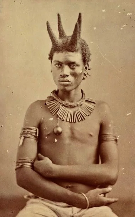 Zulu man wearing isicholo. South Africa, 1879.