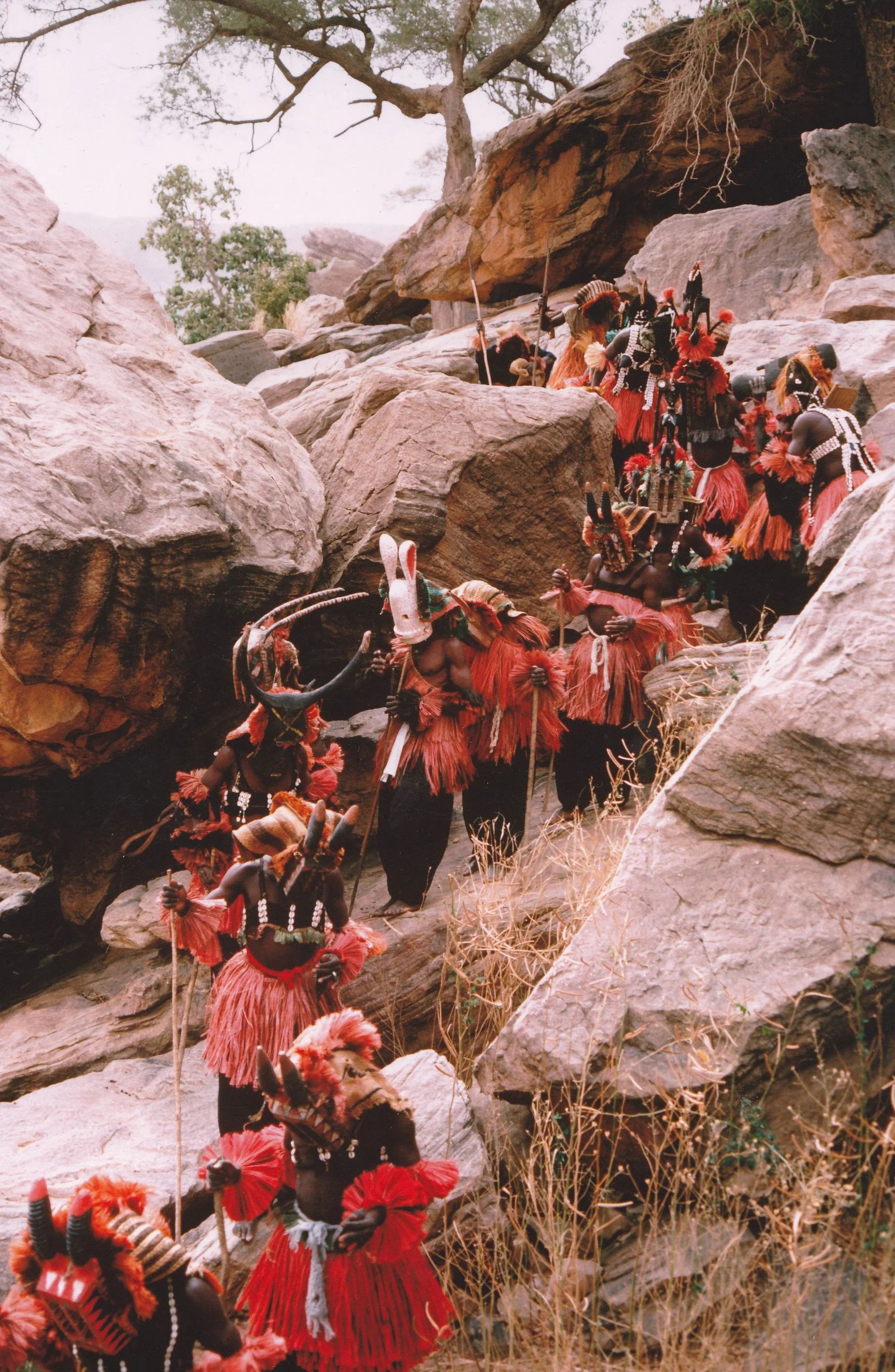 Dancers in Bandiagara, descending in single file to perform the Dama ceremony. Photographed by RAS News & Events.