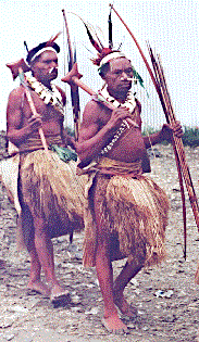 Angu warriors carrying two of their star-shaped stone clubs at the 1997 Mt. Hagen Show. (from Axes and Clubs)