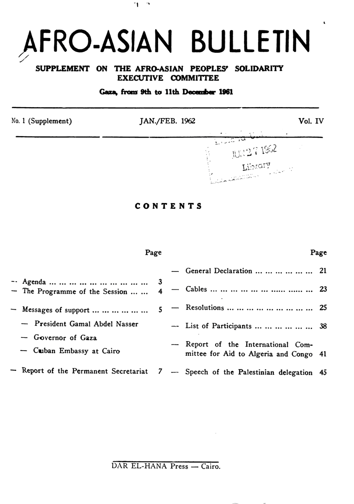 Afro-Asian Bulletin VOL.IV Supplement Jan-Feb 1962