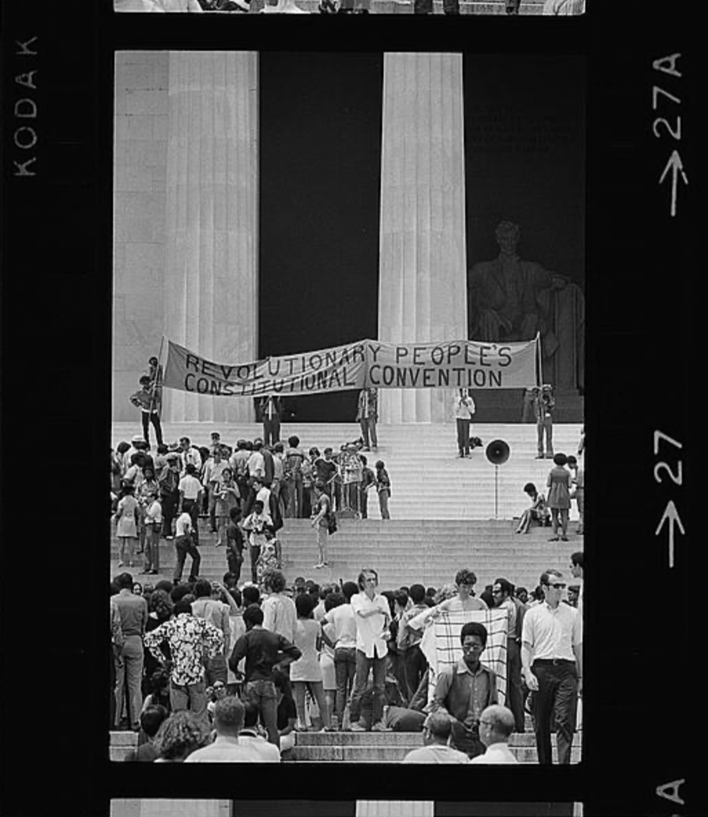 Photograph of a crowd gathered on the steps of the Lincoln Memorial during the Revolutionary People’s Constitutional Convention associated with the Black Panther Party. Taken on June 19, 1970 by photographers Thomas J. O’Halloran and Warren K. Leffle