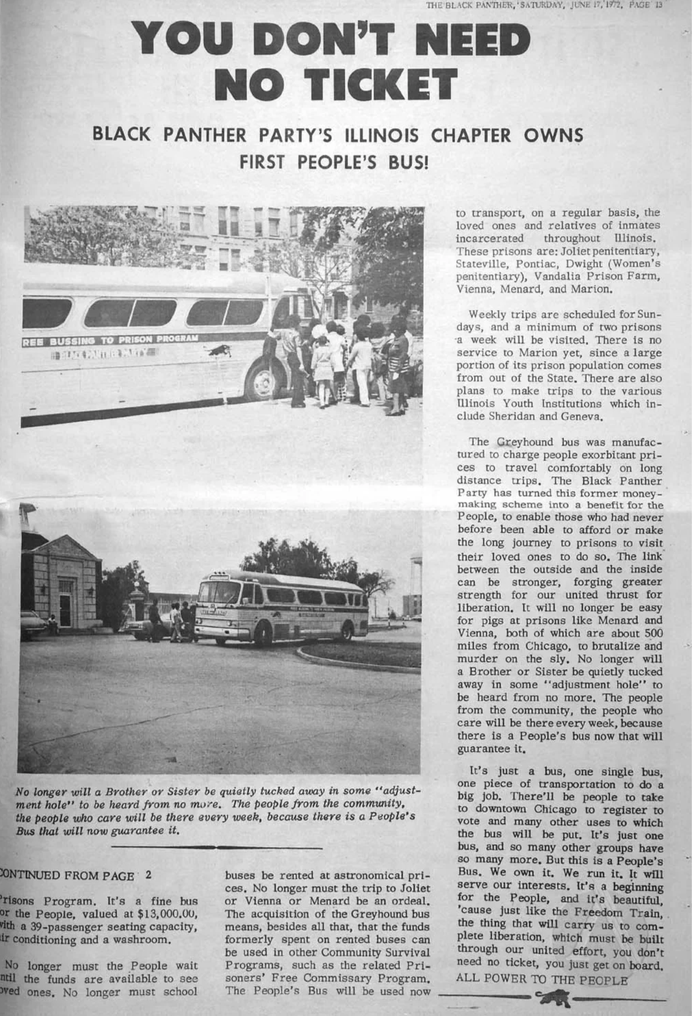 Newspaper page from The Black Panther Intercommunal News Service detailing the Illinois chapter’s People’s Bus program for prison visitation. Published June 17, 1972 by the Black Panther Party. Oakland Public Library Archives.