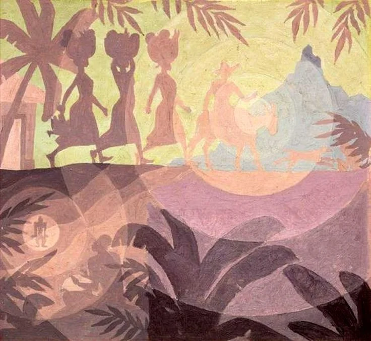 Study for Haitian Mural, 1942. Created in 1942, this preparatory study reflects Aaron Douglas’s engagement with Caribbean history and revolutionary symbolism. Silhouetted figures move across a tropical landscape framed by palm trees and mountainous t