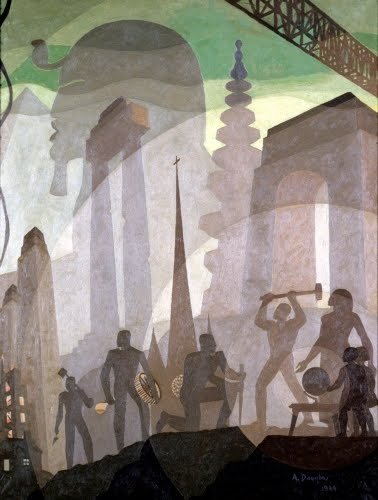 Building More Stately Mansions, 1944. Oil on canvas, 53 15/16" x 42 1/8" (137 x 107 cm). The University Galleries, Aaron Douglas Collection, Fisk University, Nashville, TN. Image courtesy the Los Angeles County Museum of Art, 1976. © 2017 Aaron Dougl