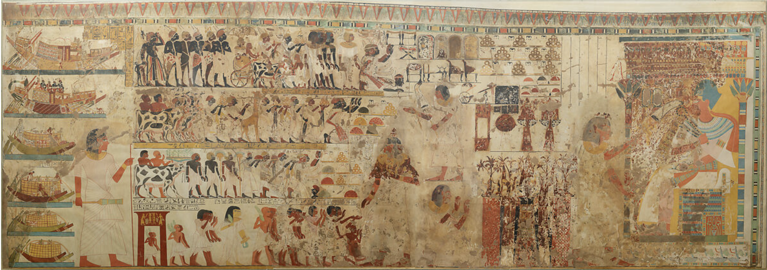 Nubian Tribute Presented to the King, facsimile of a wall painting from the Tomb of Huy (TT40), Thebes, reign of Akhenaten–Tutankhamun, ca. 1353–1327 BCE; painted by Charles K. Wilkinson, 1923–1927. Source: The Metropolitan Museum of Art.