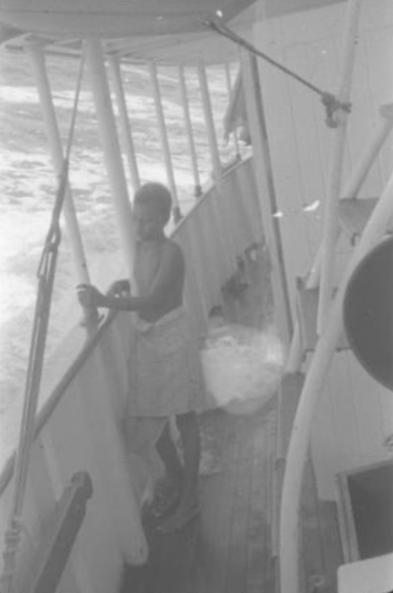 "Kovala" at sea (the wet ship). Photographed by James L.O. Tedder in 1958. Sourced from the Pacific Manuscript Bureau.