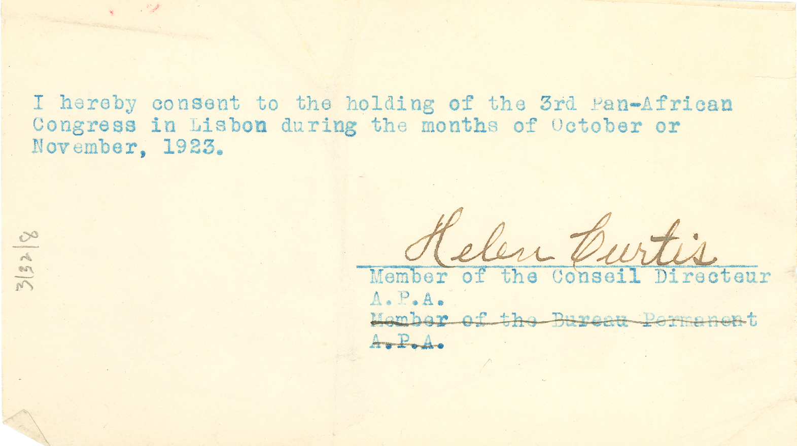 Helen Noble Curtis – Agreement to hold the third Pan-African Congress in Lisbon, 1921