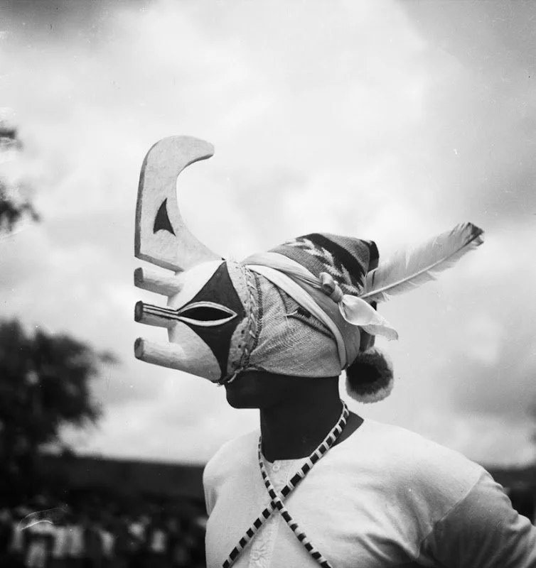 "Ogu wooden face mask," part of the Nkporo people's Ifogu masquerade at Elugu Nkporo in p.d. Abia State, photographed by G. I. Jones in the 1930s.