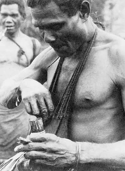 "A priest chews betel before performing a sacramental rite for his descent group." "The Anthropologist’s Dilemma." Expedition Magazine 14, no. 3 (March, 1972): https://www.penn.museum/sites/expedition/the-anthropologists-dilemma/