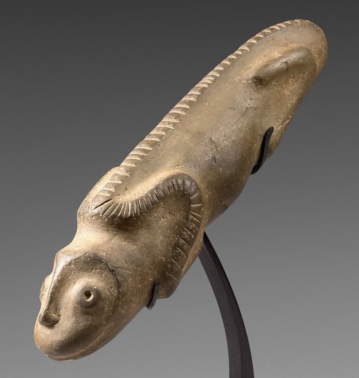 A Taino Figure (Carvings / Sculptures) made of Stone measures 23 cm (9.1 in). Dated CA. A.D. 800-1500, it originates from Hispaniola / Santo Domingo / Puerto Rico, is categorized as Iguana, and belongs to the Taino culture.