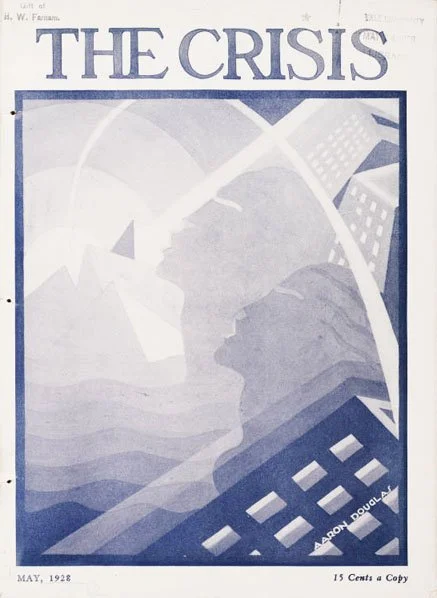 Aaron Douglas, cover design for The Crisis, May 1928.
This cover for the May 1928 issue of The Crisis presents two upward-facing silhouetted profiles framed by intersecting arcs of light and a modern city skyline. Rendered in layered blue tonalities,