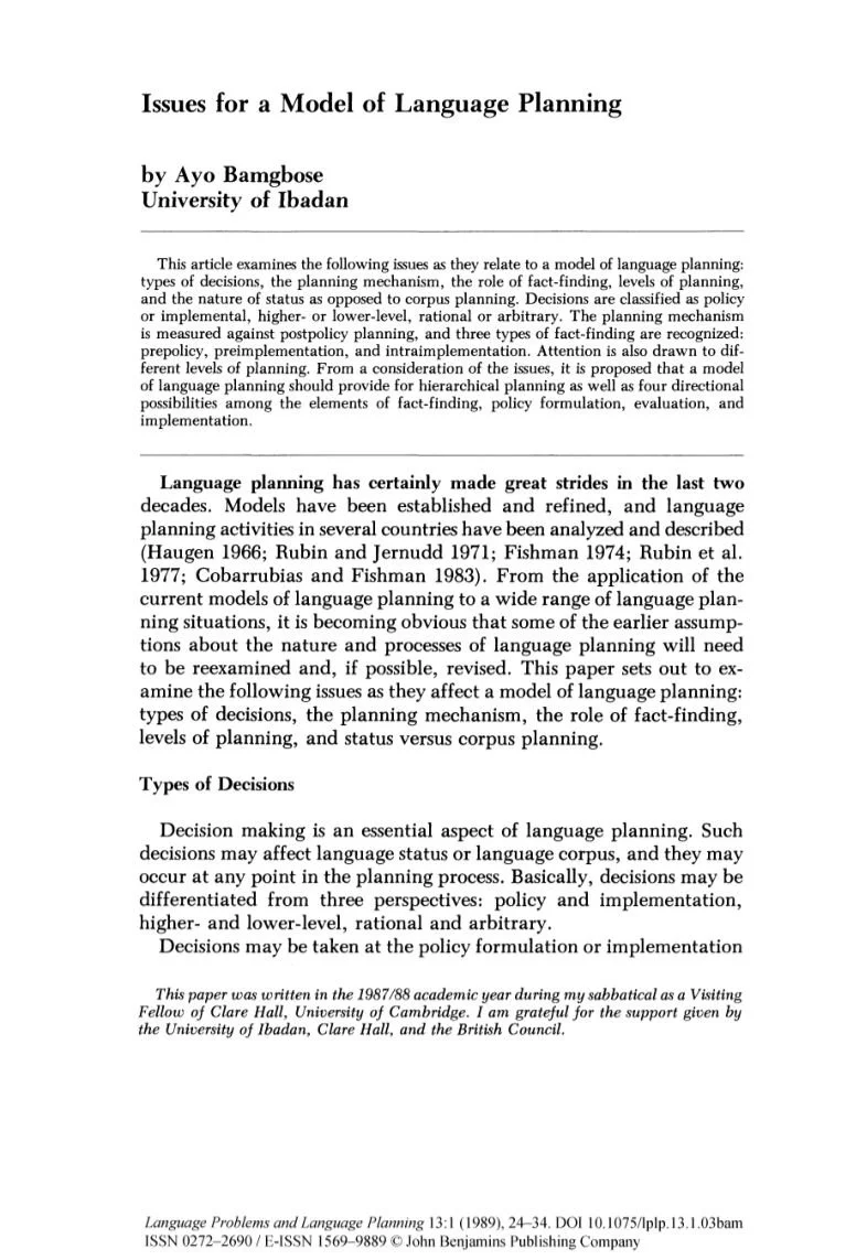 Issues for a Model of Language Planning by Ayo Bamgbose 