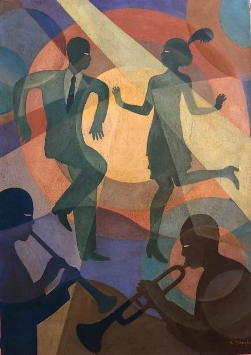 In Club Night, Aaron Douglas captures the syncopated energy of Harlem Renaissance nightlife through silhouetted dancers and musicians framed by concentric circles of light. A couple moves dynamically across the center of the composition, their elonga