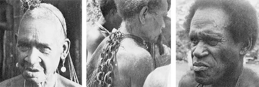  "(Left) An elderly Kwaio woman, her woven “purse” over her head, wearing shell earrings.
(Center) An old Kwaio warrior plays panpipes in a sacred dance. 
This man took a prominent part in the 1927 massacre an spent many years in jail.
(Right) A Kwai