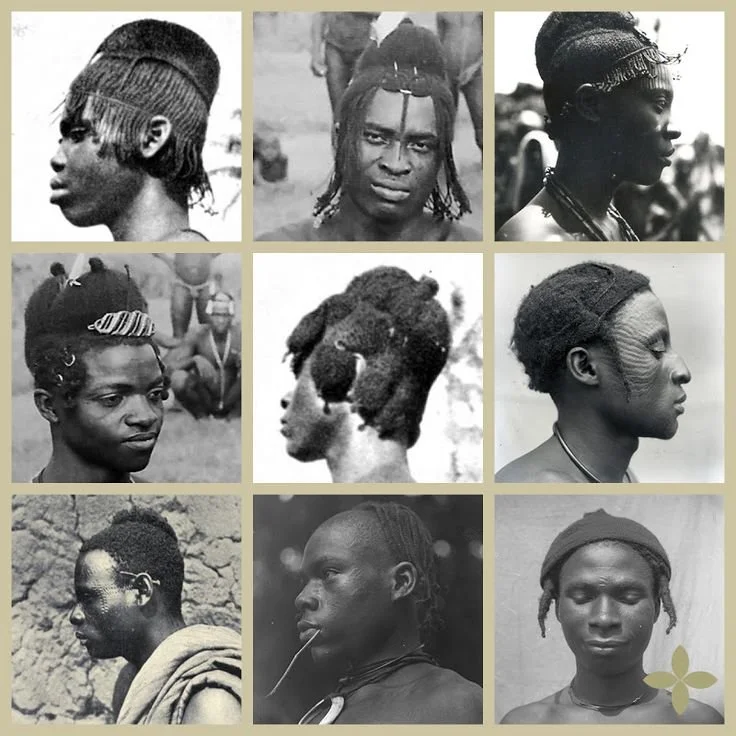 Igbo male hairstyles from the northern area and one (bottom left) from Igbuzo. The photos were taken by Northcote Thomas in 1910-11, and G. T. Basden before 1921.