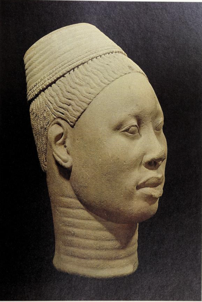 Life-size representation in terracotta of a human head said to have been kept always in the royal palace. probably between the 12th and 15th centuries A.D. p52. from Two thousand years, Nigerian art (1977).