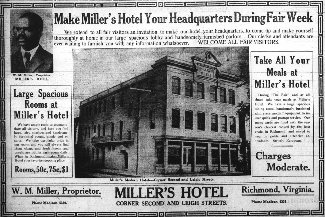Miller's Hotel was one of three located on Second Street that catered to Black performers according to Billboard in December 1921. Richmond News Leader, October 27, 1910.

image source: uncommonwealth 