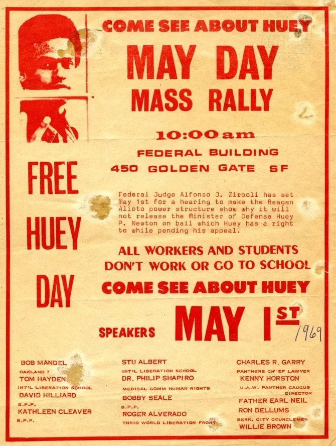 May Day mass rally flyer, May 1, 1969, African American Museum & Library at Oakland Vertical File Collection, MS 179, African American Museum & Library at Oakland, Oakland Public Library.