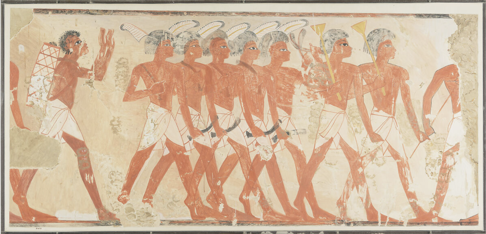 Military Musicians Showing Nubian and Egyptian Styles, facsimile painting by Nina de Garis Davies after a wall painting in the Tomb of Tjeneny (TT74), Thebes, Dynasty 18, reign of Thutmose IV, ca. 1400–1390 BCE. Source: The Metropolitan Museum of Art