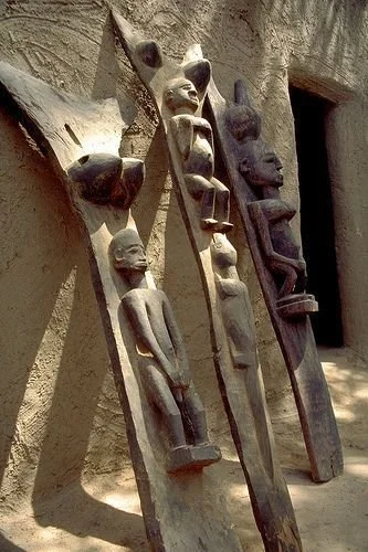 Carved wooden posts, known as togu'na posts, from the Dogon people of Mali. 