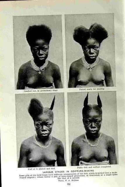 Coiffure hairstyles of Fante Gold Coast women, 1895. Sourced from Kwekudee.