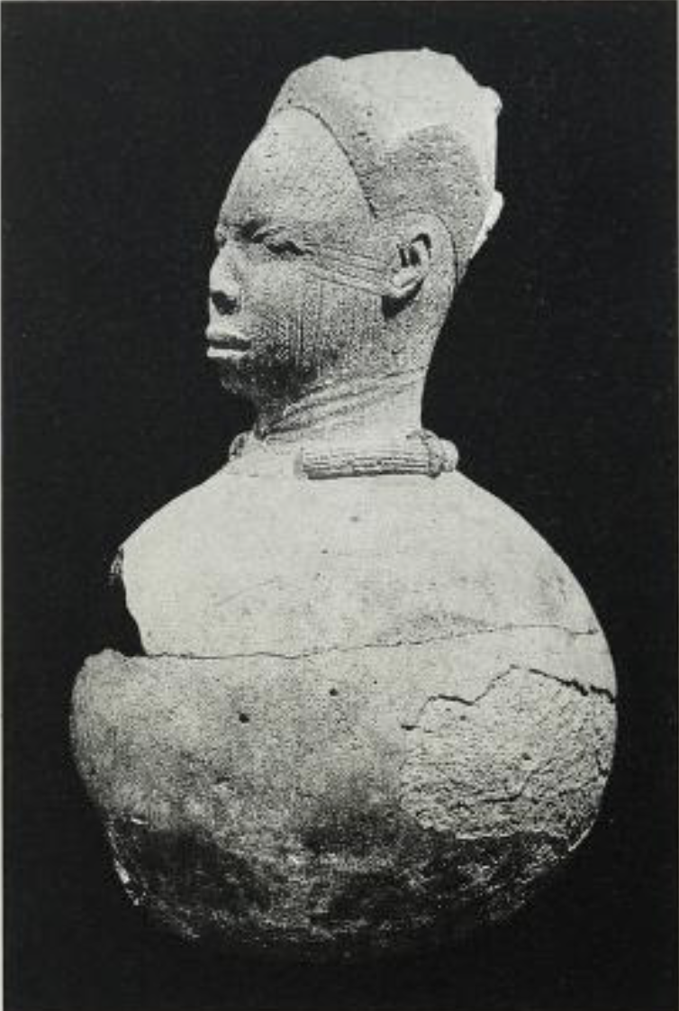 Terracotta head of a woman modelled on a globular pot. from the Olokun shrine at Obaluru. Probably between 12 and the 15th centuries A.D p.62. from Two thousand years, Nigerian art (1977).