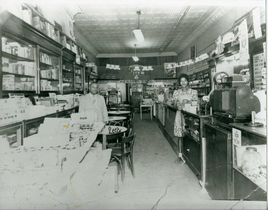 Meharry Drug Store in the Greenwood District in the 1930s. Photo courtesy Greenwood Cultural Center. 