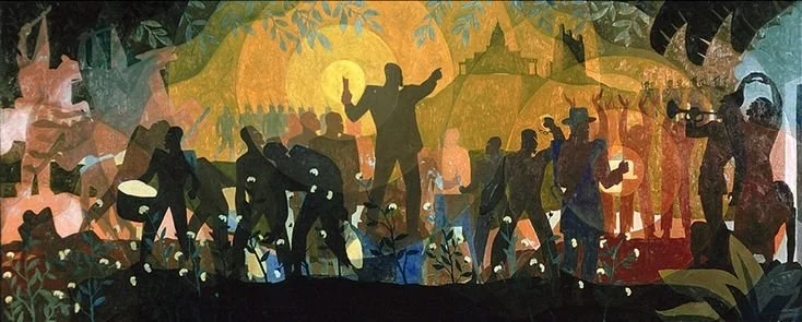 Aspects of Negro Life: From Slavery Through Reconstruction, 1934. Completed in 1934 as part of the four-panel mural cycle Aspects of Negro Life, this work traces the transition of African Americans from enslavement through Reconstruction. Silhouetted