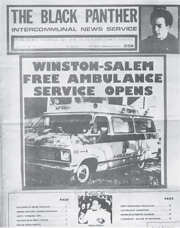 Front page of The Black Panther Intercommunal News Service announcing the opening of the Winston-Salem Free Ambulance Service. Published by the Black Panther Party, c. early 1970s. Oakland Public Library Archives.