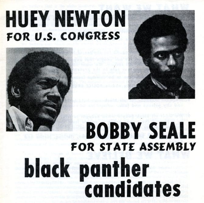 Huey Newton for U.S. Congress Bobby Seale for state assembly brochure, circa 1968, African American Museum & Library at Oakland Vertical File Collection, MS 179, African American Museum & Library at Oakland, Oakland Public Library.