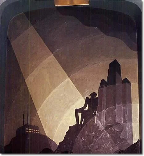 In Noah’s Ark, Aaron Douglas reinterprets the biblical flood narrative through his hallmark Harlem Renaissance modernism. A silhouetted figure sits contemplatively atop a rocky elevation as radiant beams of light descend from above, cutting across la